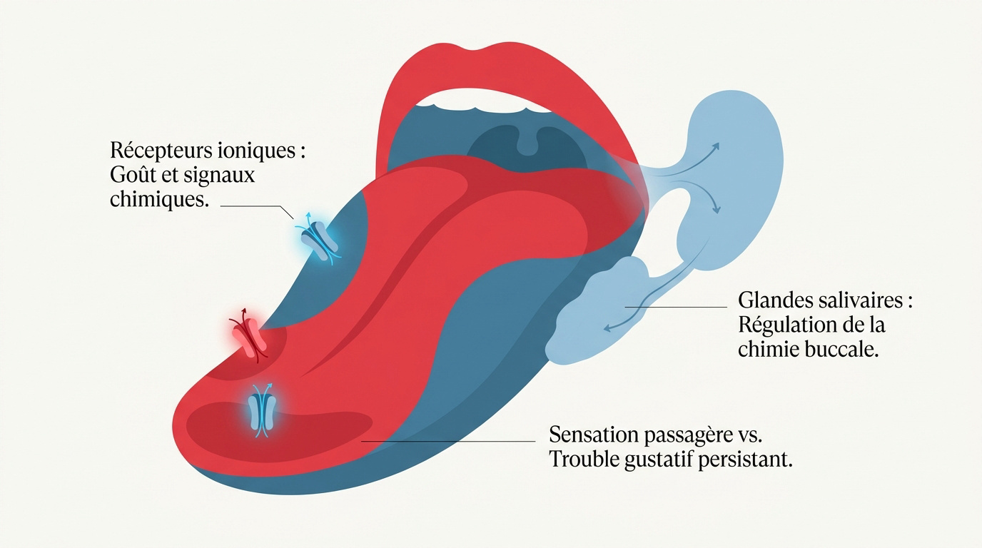 Illustration des récepteurs gustatifs sur la langue et du rôle de la salive dans la perception du goût
