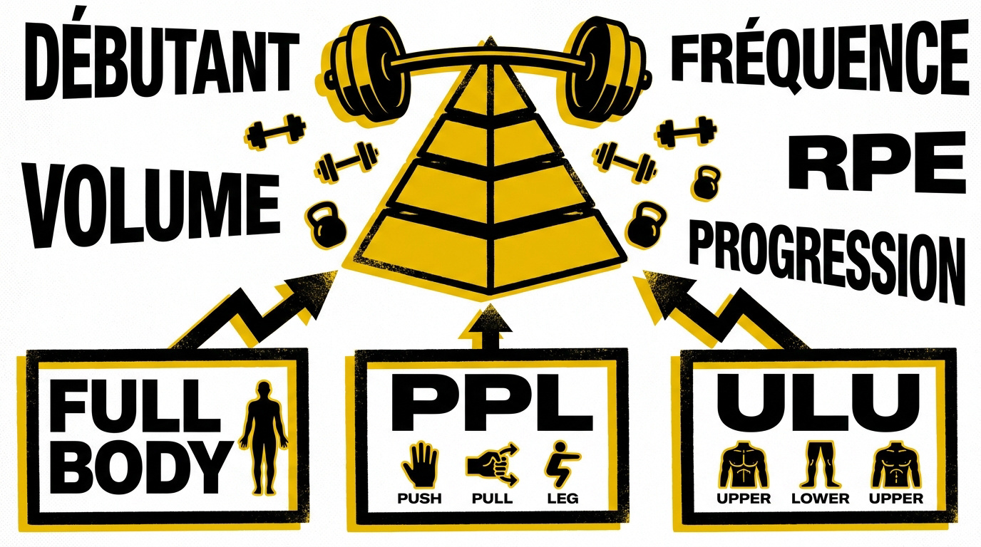Pyramide des priorités de l'entraînement en musculation incluant volume, intensité et fréquence