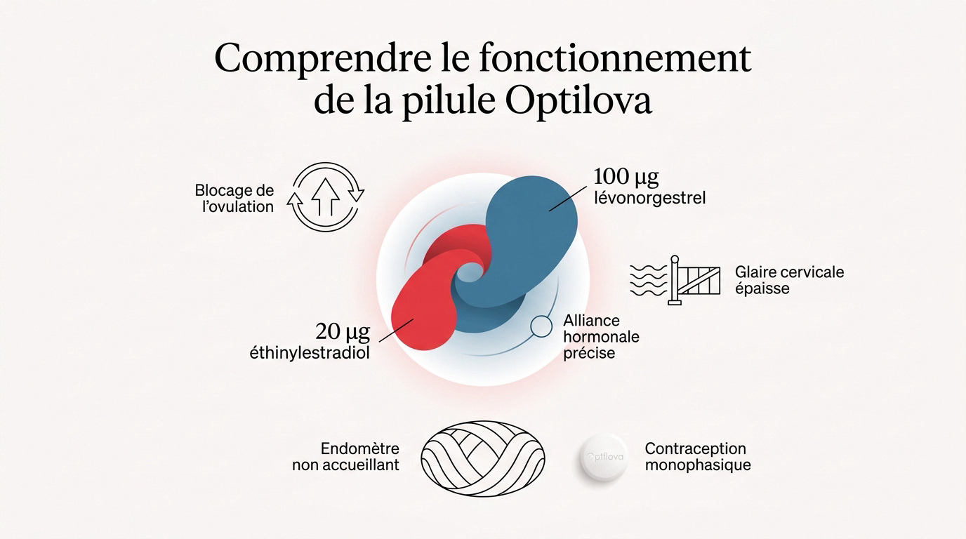 Schéma explicatif du fonctionnement hormonal de la pilule Optilova sur le cycle féminin